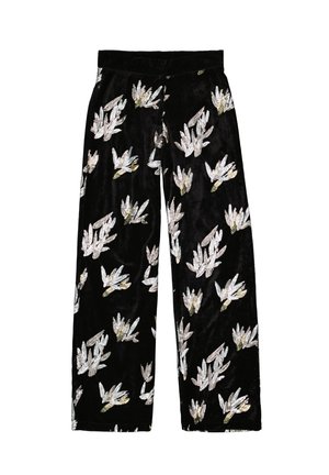 Zwarte fluwelen wijde broek met een bloemenpatroon en zilveren en groene accenten, die een zachte textuur en een losse pasvorm toont.