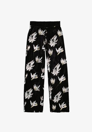Pantalones de terciopelo negro de pierna ancha con un patrón floral en tonos plateados y verdes, que destacan por su textura suave y su ajuste holgado.
