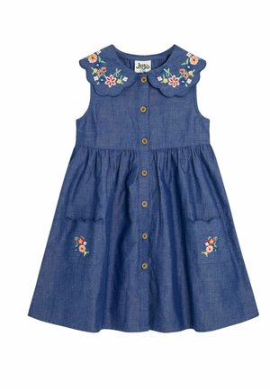 Denim jurk met een scalloped kraag, knopen aan de voorkant en geborduurde bloemen op de kraag en zakken. A-lijn model met een geraffineerde rok.
