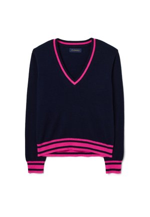 Pull marin à col en V, avec des accents roses autour du col et des poignets rayés. Texture douce, design léger et coupe décontractée.
