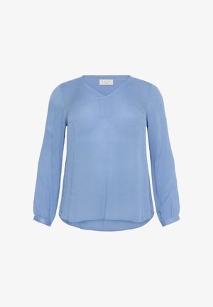 Lichtblauwe blouse met lange mouwen, een V-hals en een subtiele knoopsluiting. Gemaakt van een zachte, gestructureerde stof met een losse pasvorm.