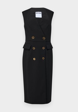 Robe noire à double boutonnage avec design sans manches, boutons dorés et poches latérales. Coupe ajustée avec une silhouette structurée.