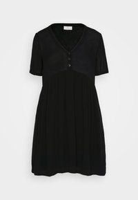 Vestido negro de manga corta con escote en V, que presenta una tapeta de botones en la parte delantera, un corsé ajustado y una sección de falda fruncida para un ajuste relajado.