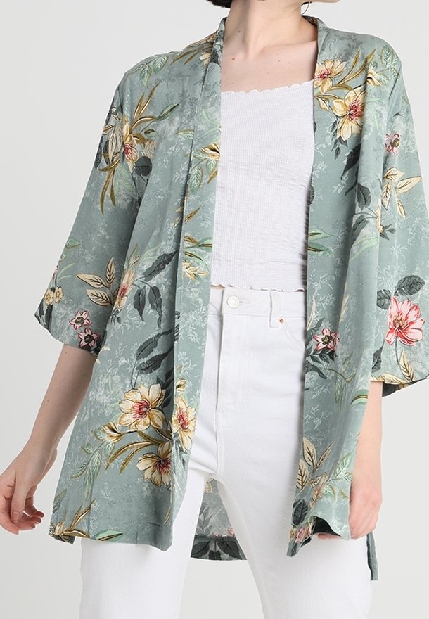 Floral kimono jacket in muted green with a lightweight fabric, featuring pink and yellow flowers, short sleeves, and open front design.