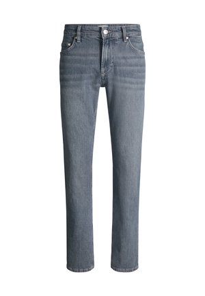 Slim fit blauwe spijkerbroek van denim met vijf zakken, knoopsluiting en subtiele vervaging op dijen en knieën.
