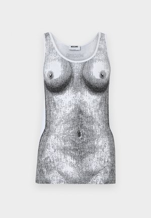 Witte mouwloze tanktop bedrukt met een gedetailleerde zwart-witte afbeelding van een vrouwelijk torso, met borsten en middenrif, gelabeld met het Moschino-merk.