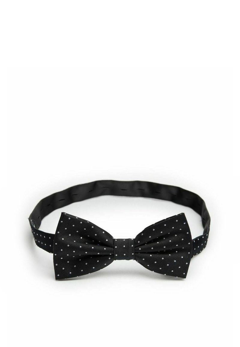 Svart fluga med prickar, tillverkad av texturerat tyg. Har små vita prickar och ett slätt justerbart band för en säker passform.