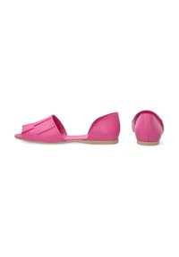 Pink flat shoes with a smooth synthetic texture, featuring a pleated design at the front and an open-back structure. Flat beige sole.