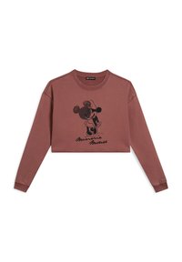 Sudadera recortada en rosa polvo, hecha de tela suave. Cuenta con un gráfico negro de Minnie Mouse y texto. Mangas largas, escote redondo, puños acanalados.