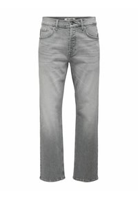 Jeans de mezclilla gris con un corte recto, cinco bolsillos y un desvanecimiento sutil. Cuenta con un cierre de botón y trabillas para cinturón para un ajuste ajustable.