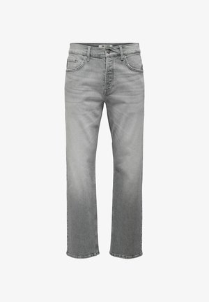 Grijze denim jeans met een rechte pasvorm, vijf zakken en subtiele vervaging. Voorzien van een knoopsluiting en riemlussen voor een verstelbare pasvorm.
