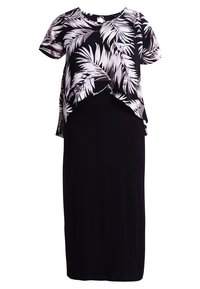 Robe maxi noire avec un surplis à manches courtes à motif floral comprenant des feuilles claires et foncées, en tissu lisse, avec une coupe décontractée.