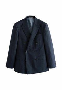 Blazer doppiopetto blu navy con tessuto testurizzato, caratterizzato da revers a punta, quattro bottoni neri e due tasche frontali. Foderato in tessuto leggero.