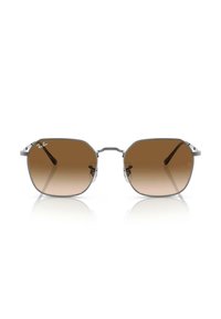 Occhiali da sole con tonalità marrone, forma ottagonale, montatura in metallo e logo Ray-Ban in evidenza. Presentano aste sottili e un design elegante.