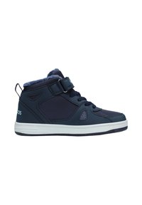 Marineblaue High-Top-Sneaker mit Klettverschluss und Schnürsenkeln. Ausgestattet mit einem strukturierten Stoffobermaterial, Gummisohle und weicher Innenausstattung. Mit ausgeschnittenen Details versehen.