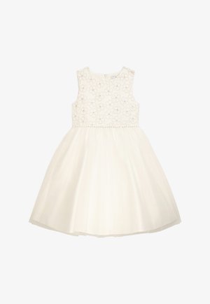 Weißes Kleid mit ärmellosem Design, besticktem Blumenmuster am Oberteil und einem durchsichtigen Tüllrock. Veredelt mit einem perlenbesetzten Taillenakzent.