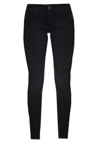 Los vaqueros skinny de mezclilla negra presentan un ajuste slim, diseño de cinco bolsillos, cierre de botón y costuras sutiles. Textura suave y color oscuro.