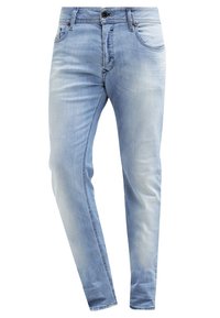 Ljusblå denimjeans med slim fit, med dragkedja, bälteshällor och subtila blekningar framtill för en texturerad look.