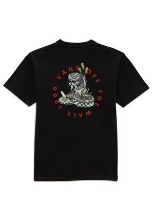 T-shirt noir avec un dessin de crotale enroulé au centre du dos, entouré d'un texte rouge indiquant « Vans Off The Wall 1966 ».