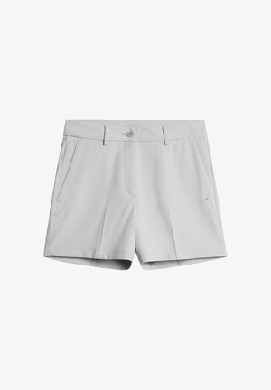 Jasnoszare szorty wykonane z gładkiego materiału, z zapięciem na guzik, dwoma bocznymi kieszeniami i przeszytymi detalami na przodzie.