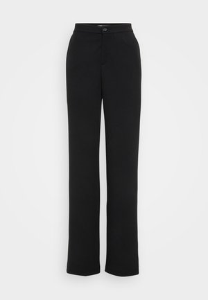 Juodi, tiesaus kirpimo kelnių modelis, pagamintas iš lengvos medžiagos, su mygtukų uždarymu ir minimalizmo stiliumi, be matomų raštų ar akcentų.