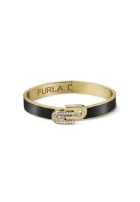 Black enamel bangle bracelet with gold-tone metal accents and a stylized clasp featuring rhinestones. Engraved brand name "FURLA" inside.