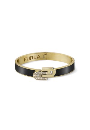 Crni emajlirani manžetni narukvica s metalnim akcentima u zlatnoj boji i stiliziranim kopčanjem s cirkonima. Ugravirano ime branda "FURLA" unutra.