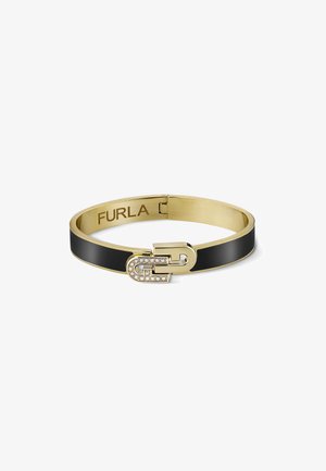 Zwarte emaille bangle armband met goudkleurige metalen accenten en een gestileerde sluiting met fonkelstenen. Gegraveerde merknaam "FURLA" aan de binnenkant.