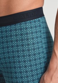 Strakzittende shorts met een blauw geometrisch patroon, voorzien van een zwarte elastische tailleband met ingebrandde merknaam. De textuur lijkt glad.