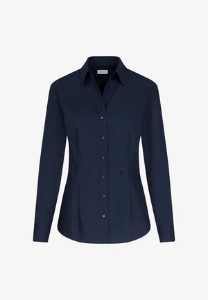 Granatowa, długosleeve koszula zapinana na guziki z zaznaczonym kołnierzykiem, dopasowany krój i subtelny haft na dole. Gładki bawełniany materiał.