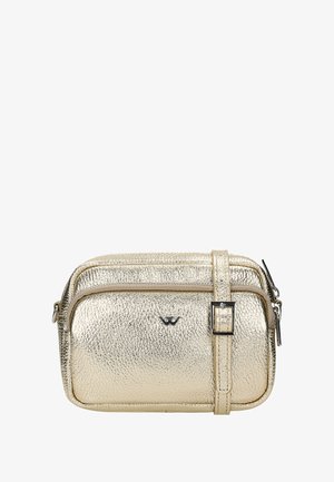 Sac à épaule texturé or de forme rectangulaire, doté d'une fermeture zippée, d'une bandoulière réglable et d'un petit logo sur le devant.