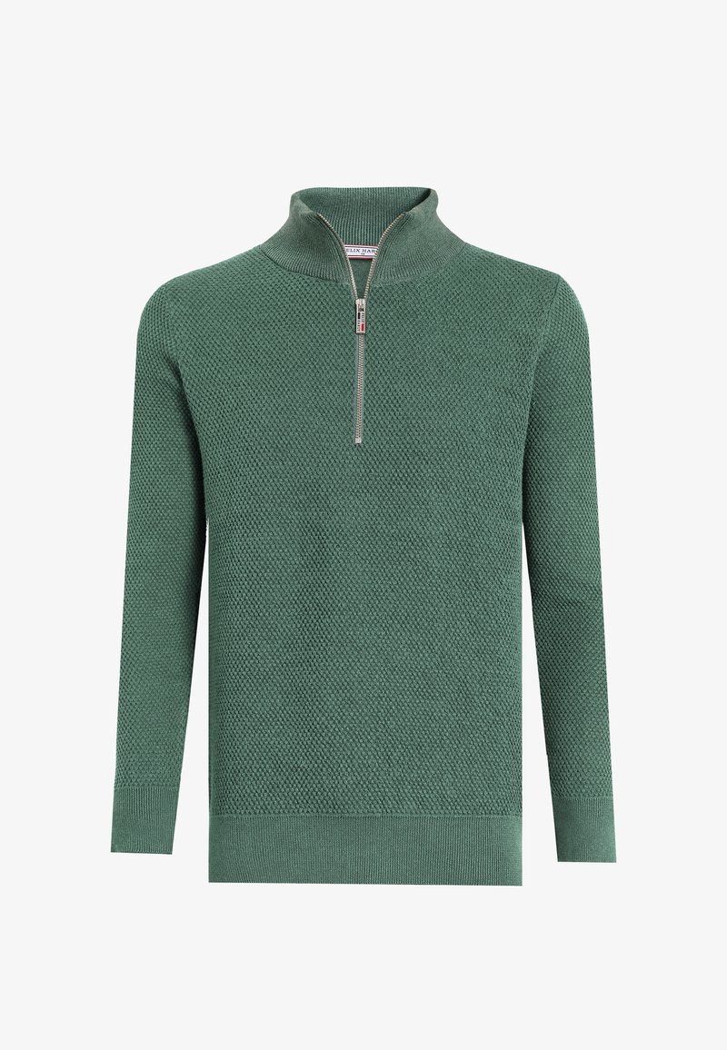 Pull vert en maille texturée avec manches longues et col demi-fermeture éclair devant, avec poignets et ourlet côtelés.