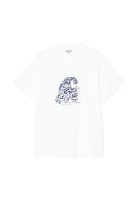 Hvid bomulds t-shirt med et blåt grafisk print af en vintage bil og abstrakte elementer. Korte ærmer, afslappet pasform, rund halsudskæring.