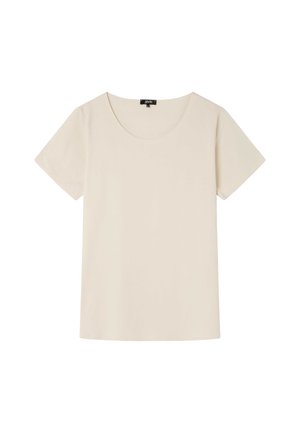 T-shirt femme à manches courtes de couleur crème avec un col rond, design uni et étiquette de taille moyenne au niveau du col.