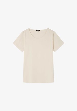 Cream-colored short-sleeve women's t-shirt with a round neckline, plain design, and medium size tag at the collar.