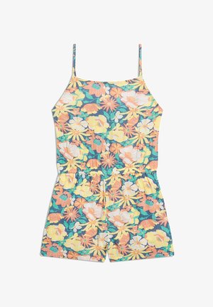 Lillekene kombekleid, millel on spagetihihnad, volangiga vöökoht ja elav kollaste, oranžide ja tehis siniste lillede muster tumesinisel taustal.