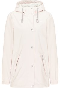 Veste imperméable rose claire avec capuche, équipée de ferrures argentées, poches avant et poignets élastiques. Texture lisse, design décontracté.