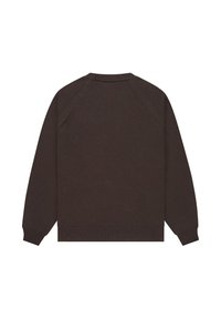 Ciemnobrązowy sweter z dzianiny z prążkowanymi mankietami i dołem, z okrągłym dekoltem i rękawami raglanowymi dla większego komfortu.