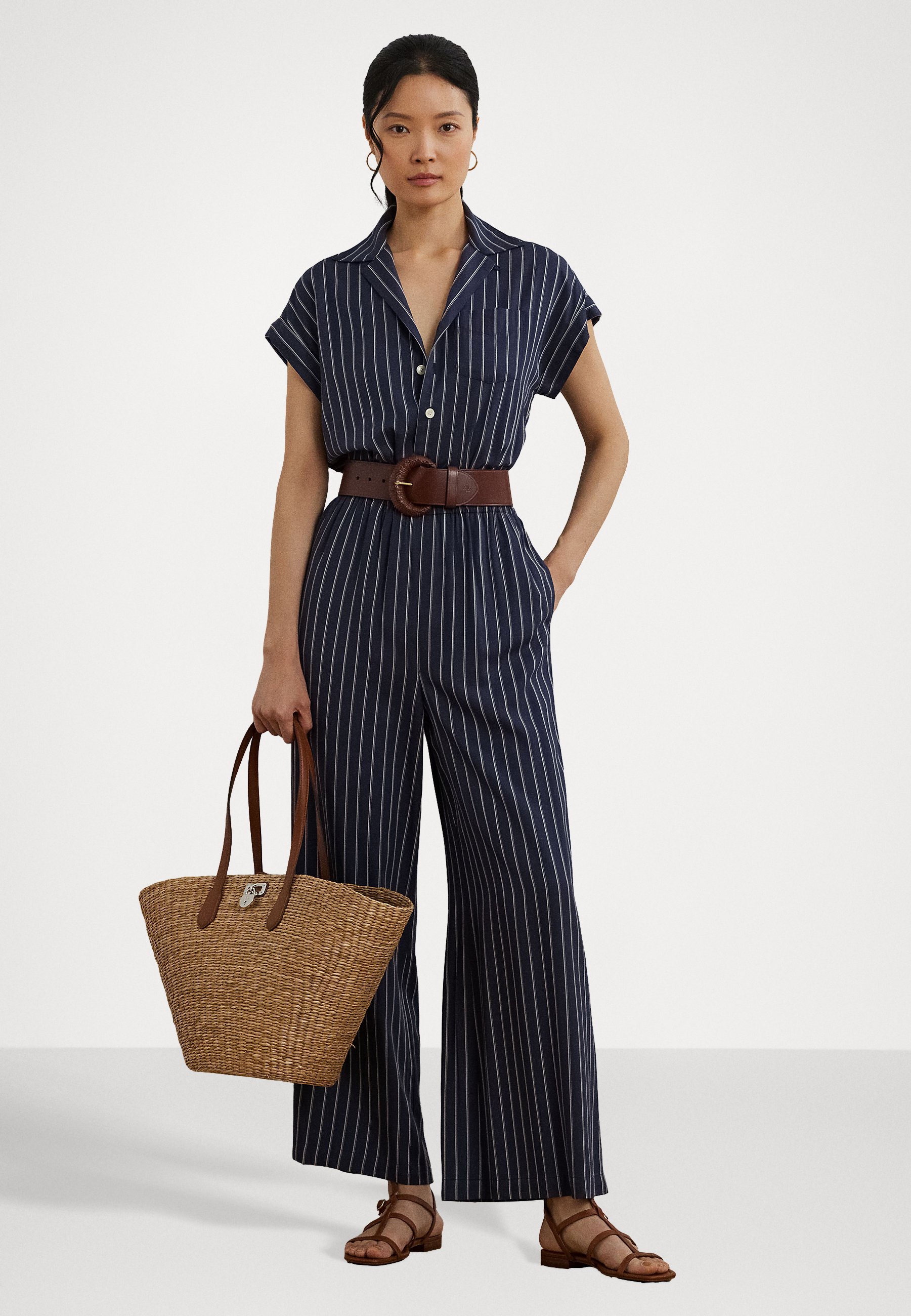 Lauren Ralph Lauren Striped Belted Twill Wide Leg Jumpsuit