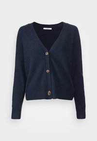 Navy blue cardigan in soft knit fabric, featuring a v-neck, long sleeves, four wooden buttons, and ribbed cuffs and hem.