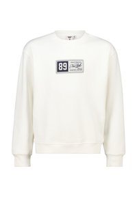 Sudadera blanca con cuello redondo, puños y dobladillo acanalados. Una etiqueta rectangular en azul marino en la parte frontal muestra el número 89 y "Nueva York".