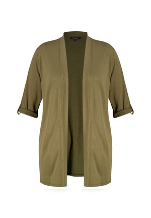 Olivgrüne, offenfrontige Strickjacke mit kurzen umgeschlagenen Ärmeln, aus softem Stoff gefertigt. Sie hat einen lockeren Schnitt und einen geraden Saum.