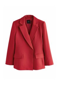 Blazer ajusté rouge en tissu tissé. Il présente un col à revers, deux poches avant et des manches trois-quarts.