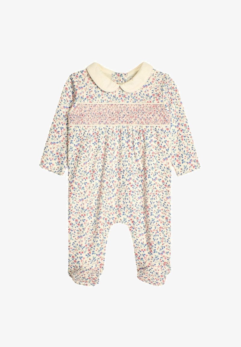 Bloemmotief romper van zachte stof, met lange mouwen, een witte kraag en gerimpeld detail over de borst.