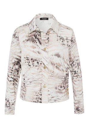 Denim jack met een gestructureerd patroon in crème, beige en lichtbruin, met een kraag en gouden knopen aan de voorkant.