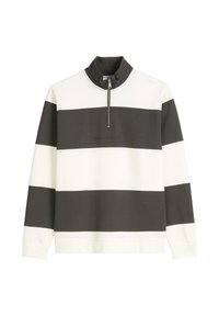 Striped pullover in white and dark grey fabric, featuring a high collar, half-zip closure, and embossed logo on the front.