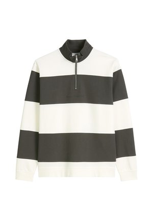 Gestreepte pullover in witte en donkergrijze stof, met een hoge kraag, halve rits sluiting en een verhoogd logo op de voorkant.
