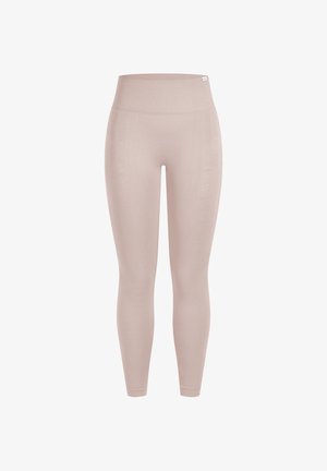 Leggings rosa chiaro a vita alta realizzate in tessuto liscio ed elastico. Presentano un design senza cuciture e una lunghezza aderente alla caviglia. Senza loghi o motivi visibili.