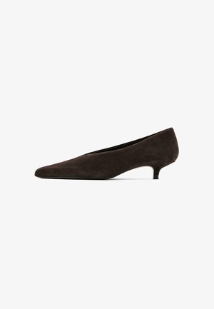 Brown suede pointed-toe heels with a low kitten heel. Smooth texture and minimalistic design, featuring a sleek silhouette and no embellishments.