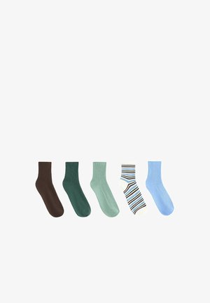 Five single socks in a row from left to right: dark brown, dark green, light green, white with blue and black stripes, and light blue.